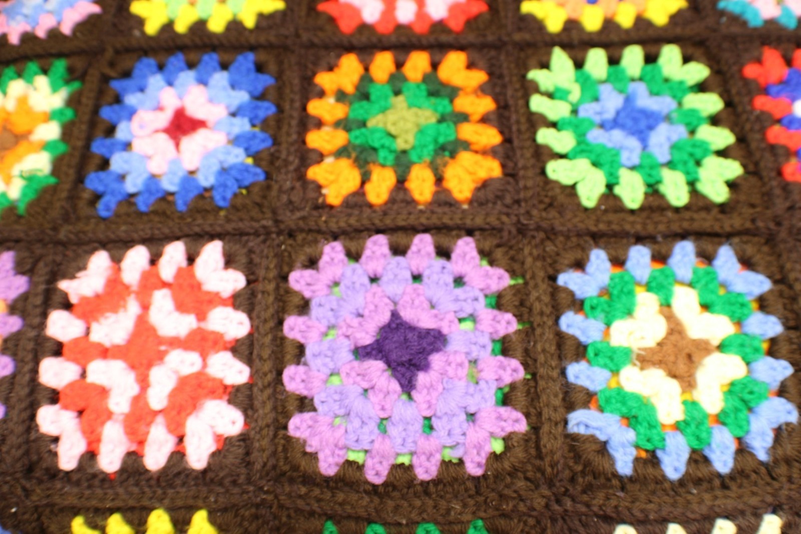 Handmade Crochet Granny Square Blanket Multicolor Patterns Brown Borders 56×76″