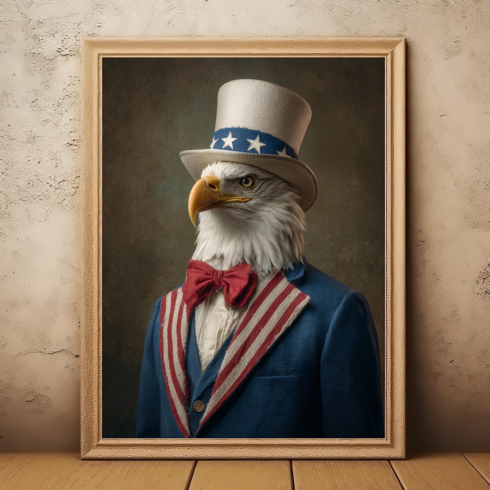 Uncle Sam Bald Eagle Wall Art Print, Patriotic Americana Animal Portrait