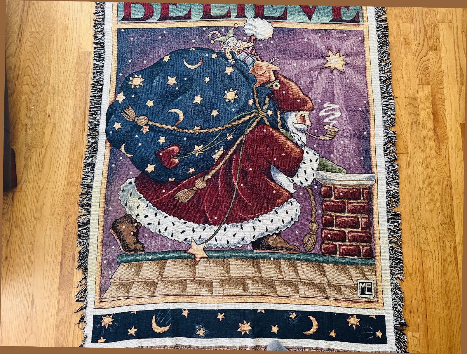 VTG SANTA CLAUS CHRISTMAS THROW BLANKET MARY ENGELBREIT BELIEVE Tapestry 51×72