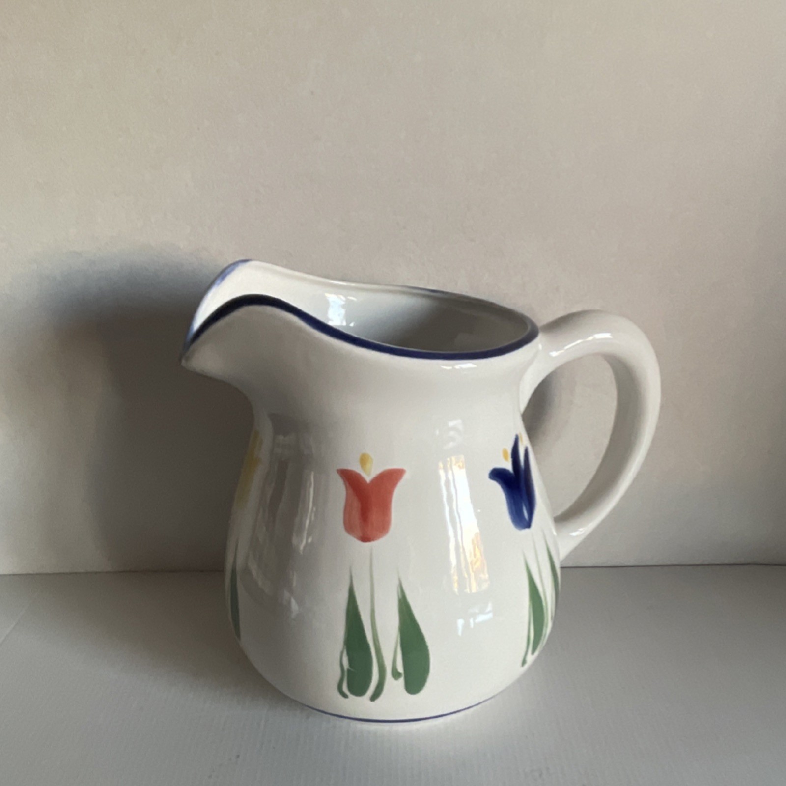 Dansk Floral Ceramic Pitcher – Hand‑Painted Tulip Design – Blue Rim – 8″ Vintage