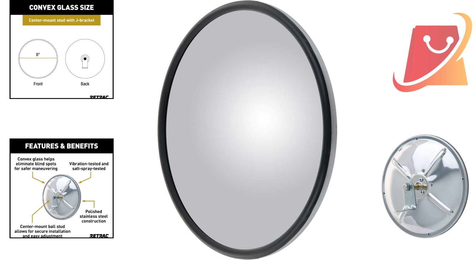 8-Inch Stainless Steel Convex Mirror Head with J-Bracket for Trucks & RVs