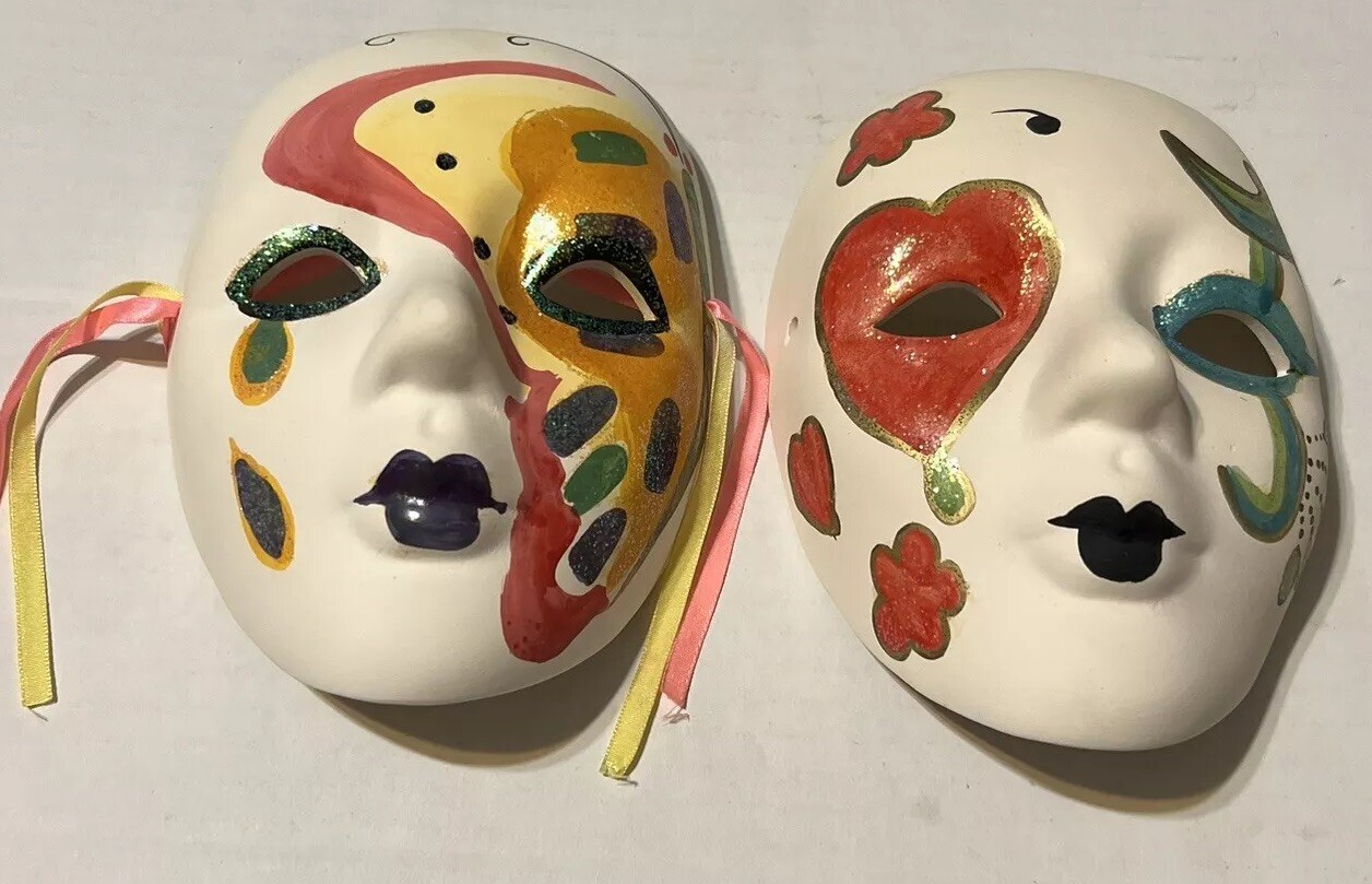 TWO Ceramic Face Wall Masks Hand Painted Wall Hangings