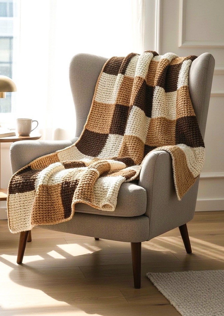 Handmade Chunky Knit Checkerboard Throw Blanket Brown Plush 65×55 in