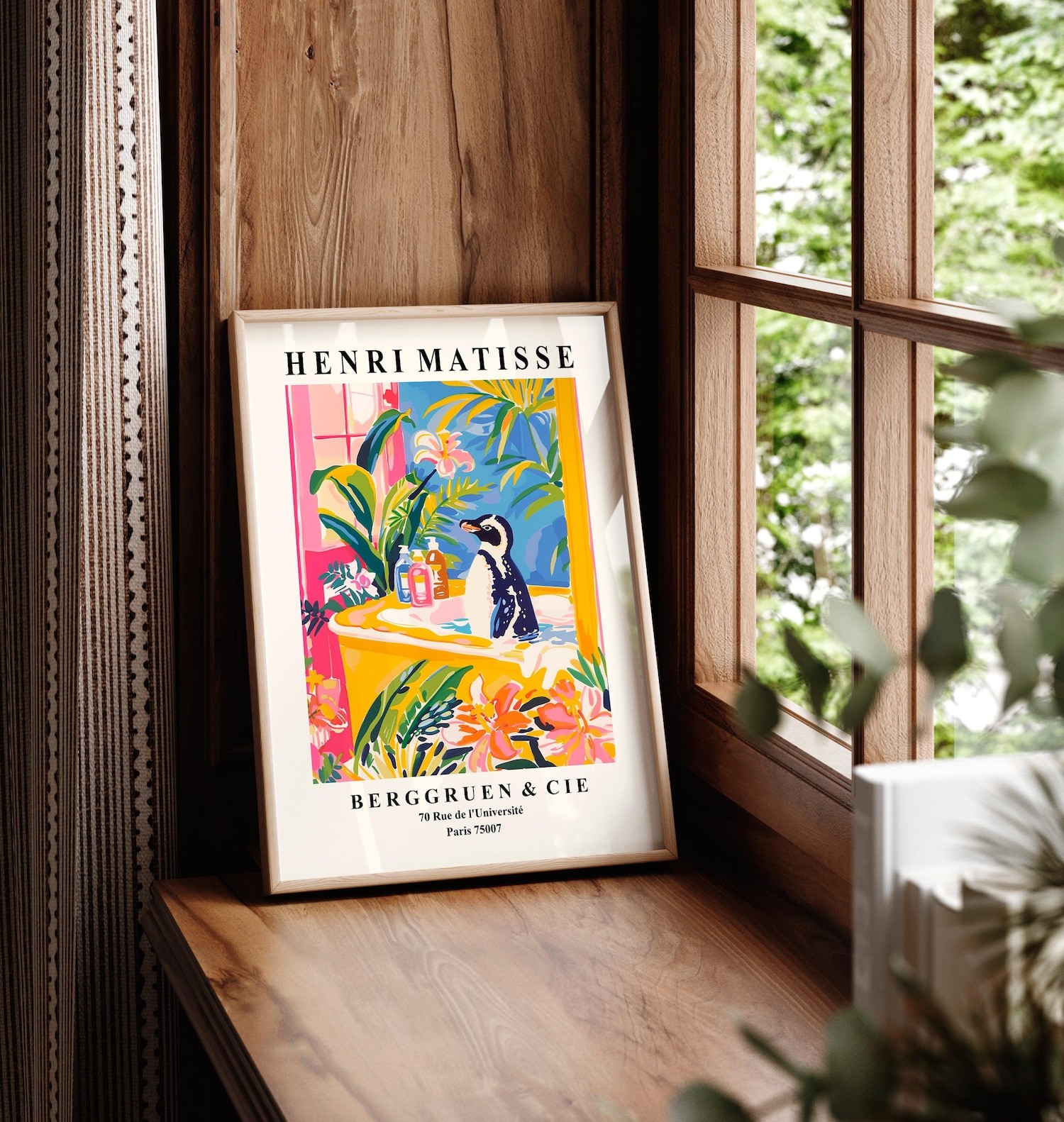 Penguin Bathtub Art Print, Matisse Style Tropical Bathroom Wall Decor Poster
