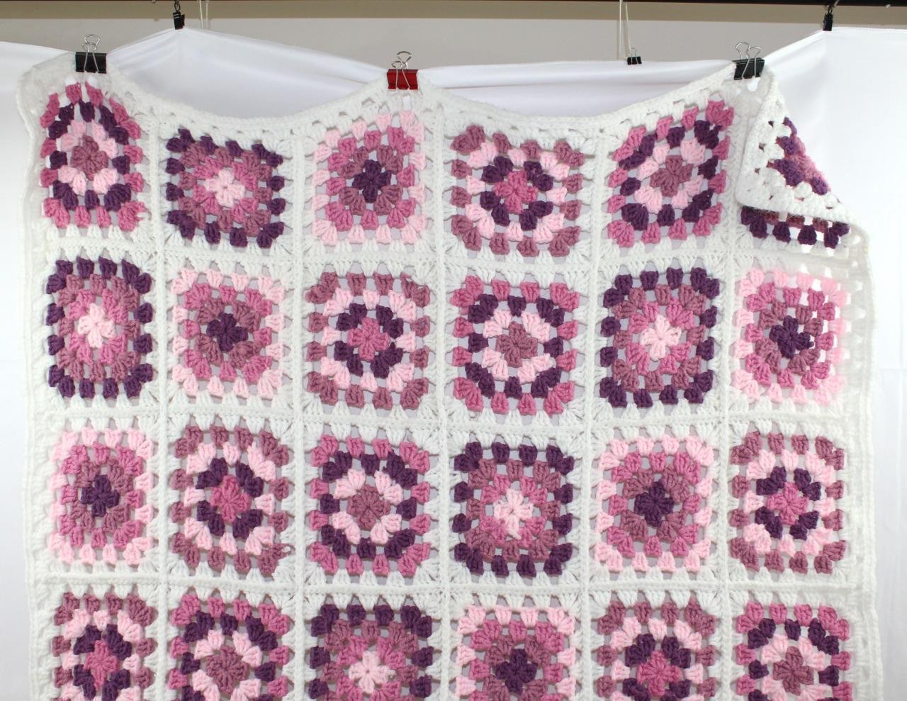 Vintage Handmade Crochet Afghan – Pink & Purple Granny Squares – 40″ x 53″