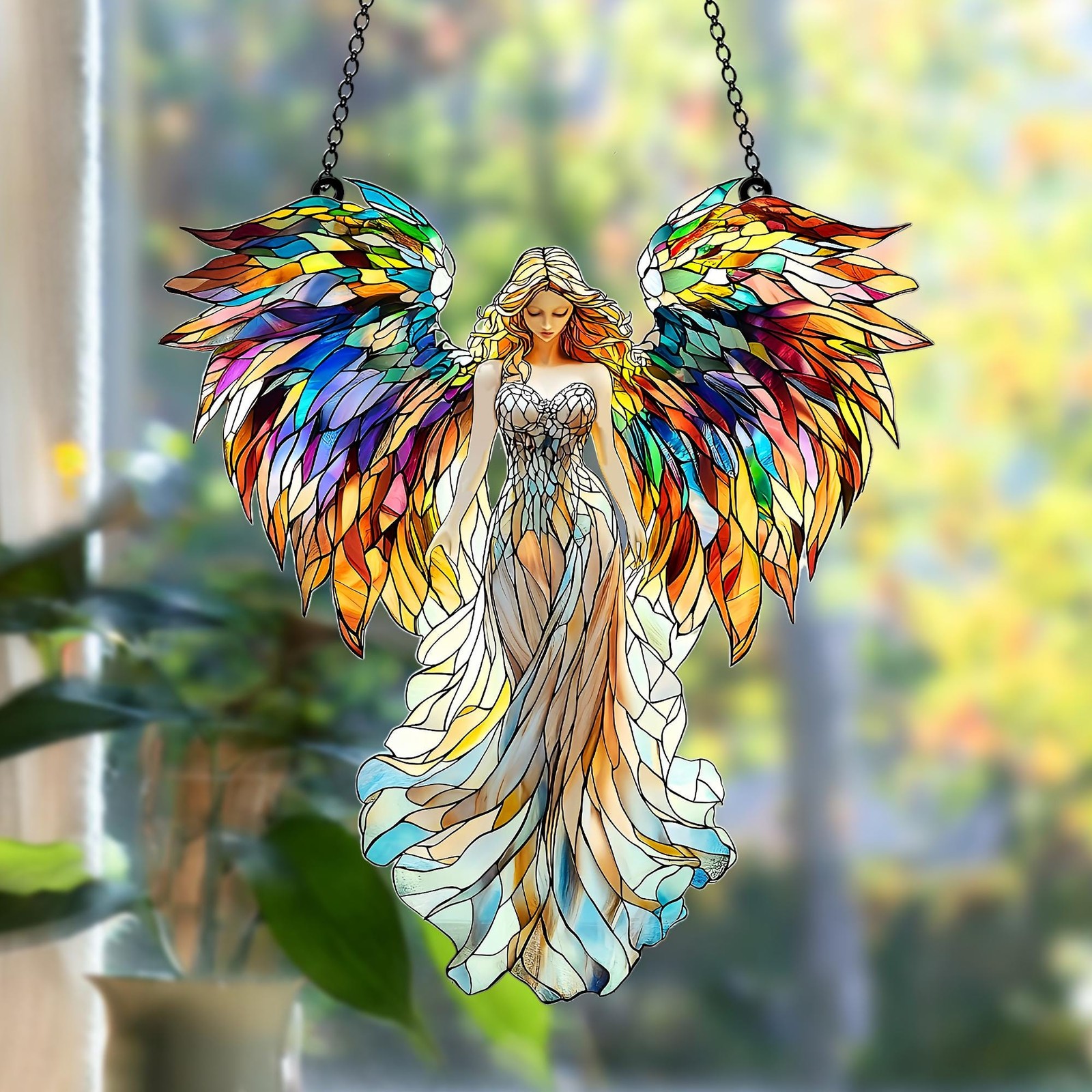 Colorful Angel Acrylic Suncatcher – Rainbow Winged Guardian Window Hanging Decor