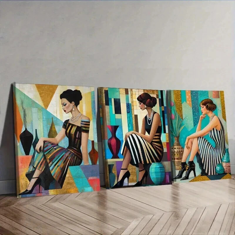 3pcs R etro fashion girl, Wall Art Canvas Framed 50x70cm
