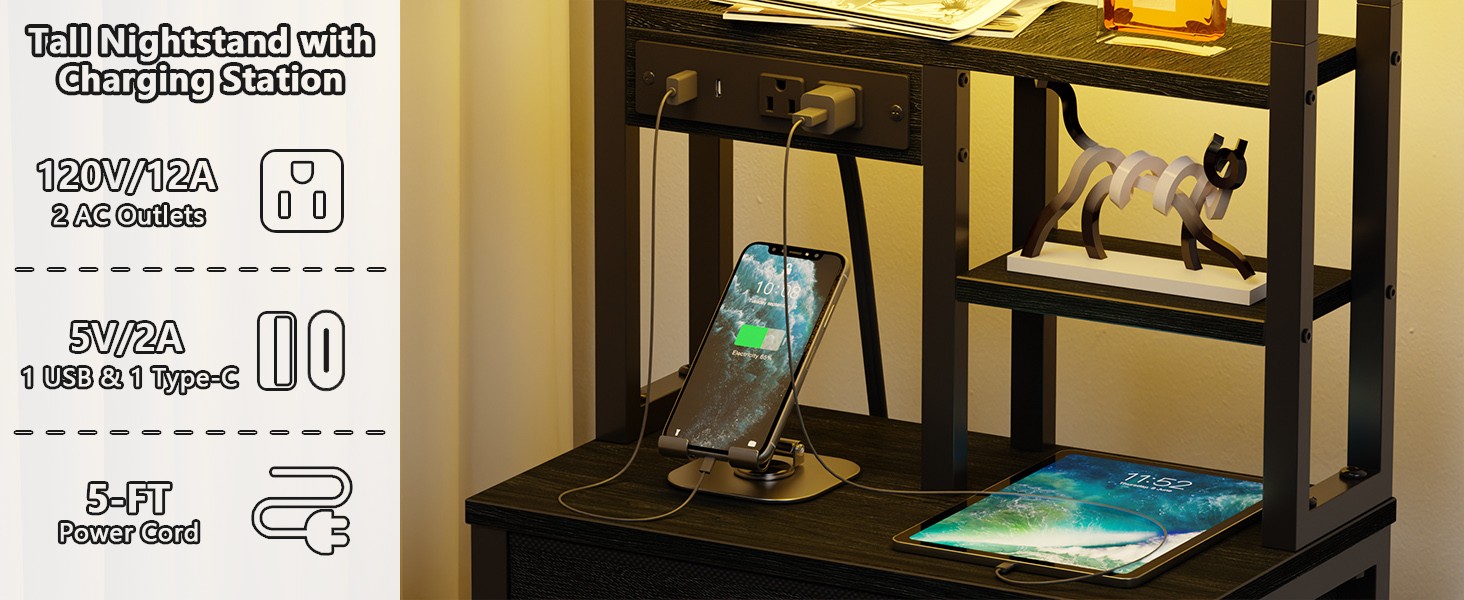 Tall Night Stand with 3 Fabric Drawers and LED Lights, Nightstand with