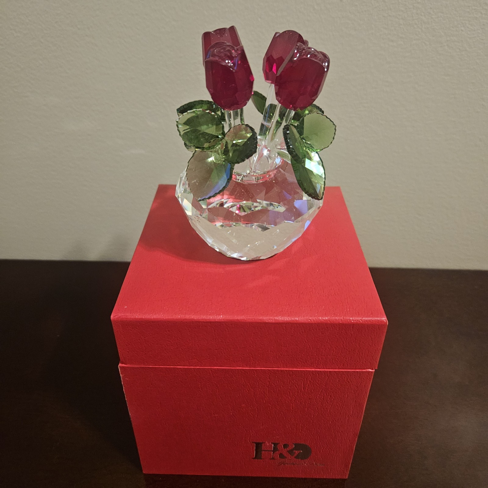 Crystal Red Rose Boquet Figurine H&D Hyaline Dora Free Standing In Box