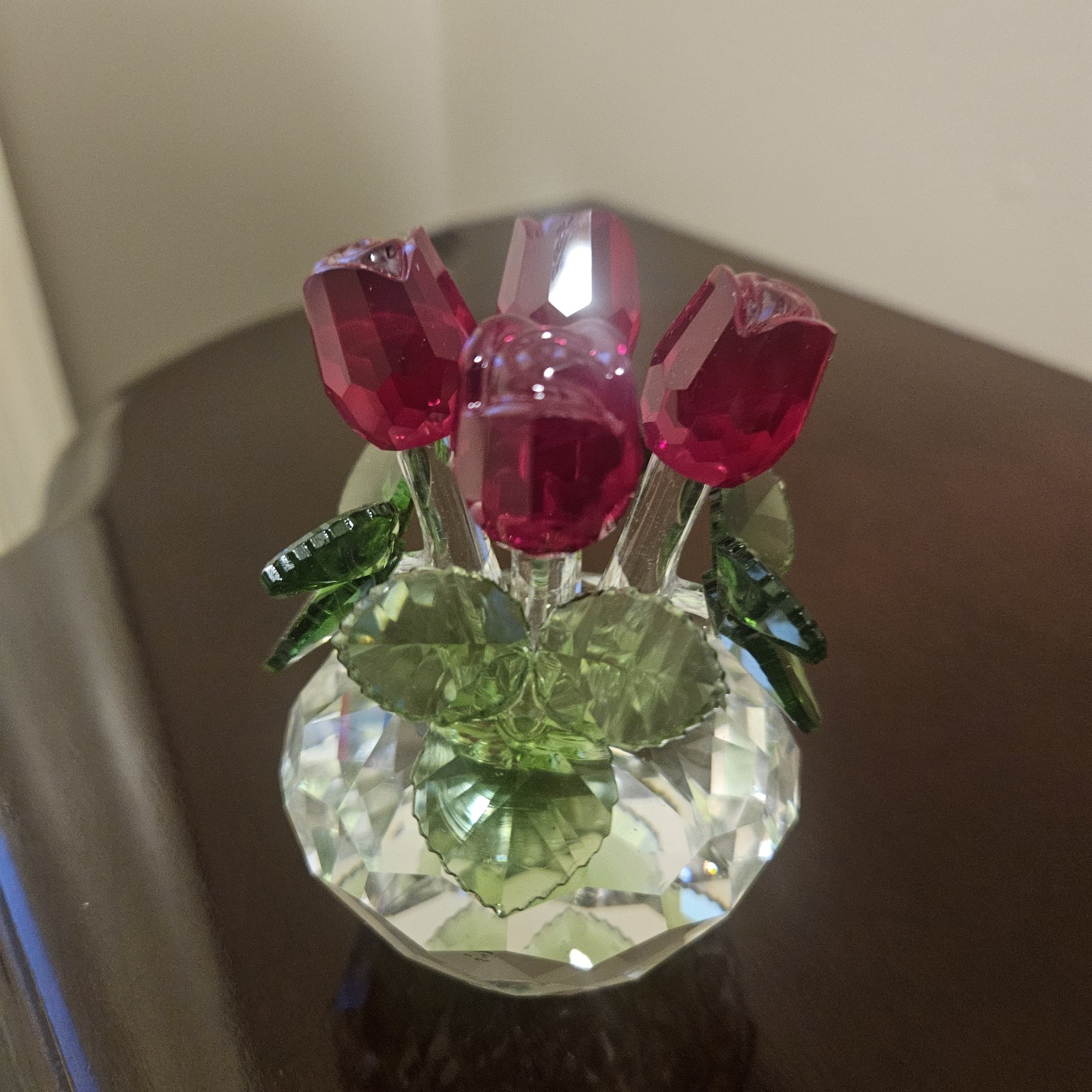 Crystal Red Rose Boquet Figurine H&D Hyaline Dora Free Standing In Box