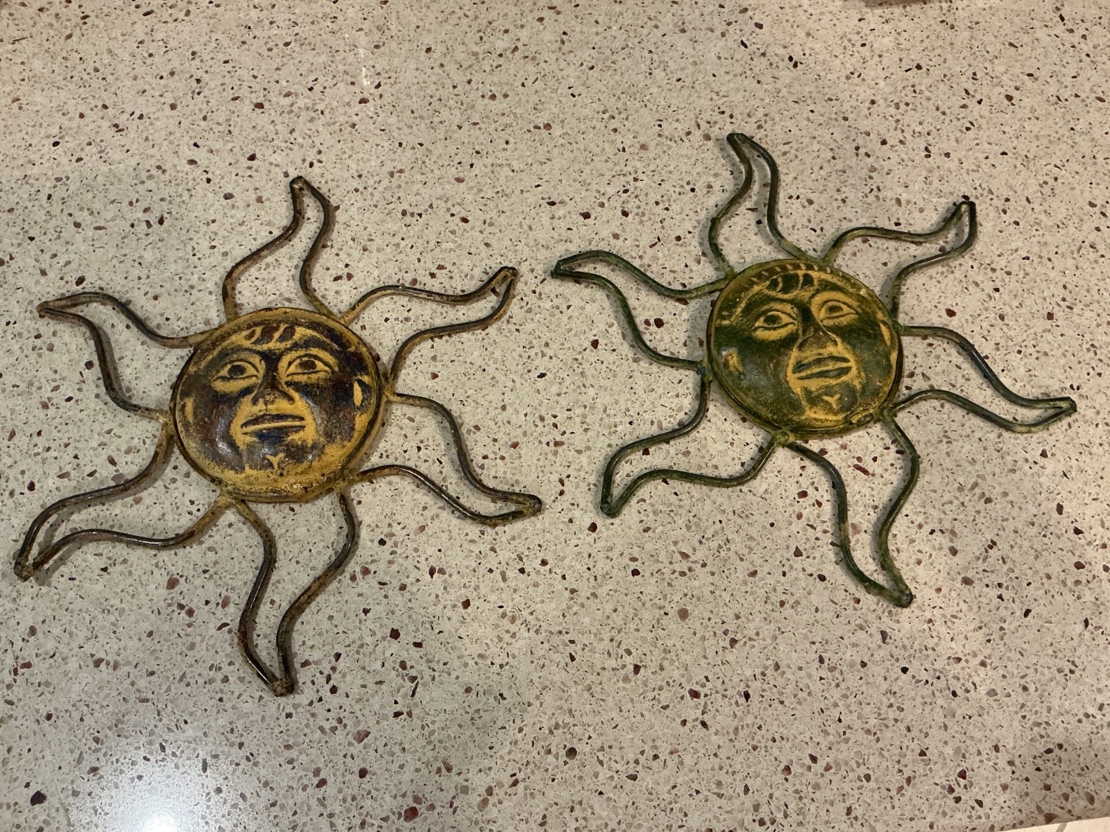 10 1/2” Terracotta ? Sun Face Wall Art Wrought Metal Rays Rustic set of 2