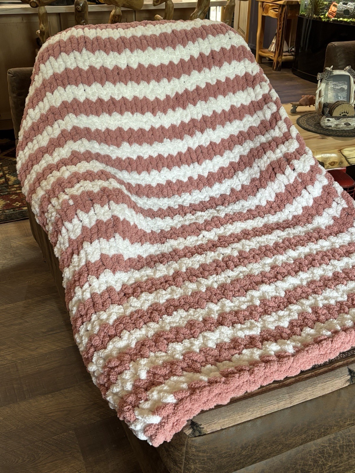 Textured Knitted Striped Sofa Throw Blanket, Pink & White, Large Rectangle