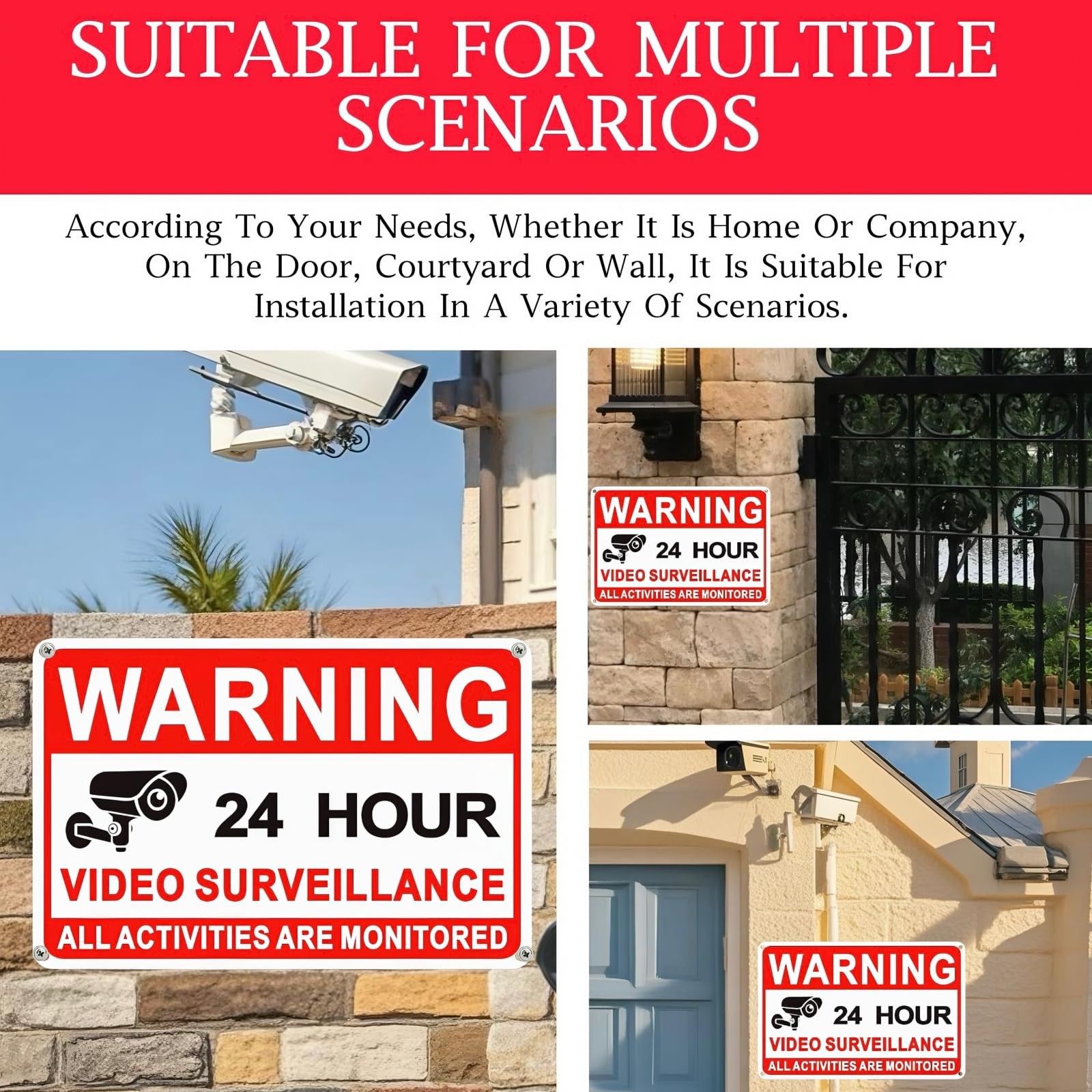 4 Pack Video Surveillance Signs, 8 x 12 Inch Aluminum 12×8 Inches, Red, White