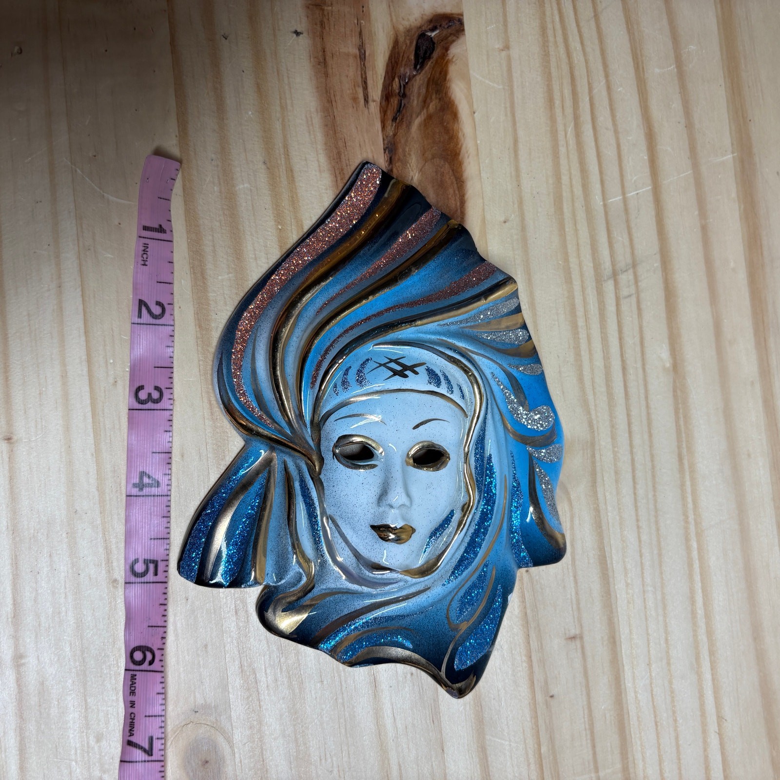 Vintage Womens Decorative Ceramic Mask Mascara Blue Gold 5X6