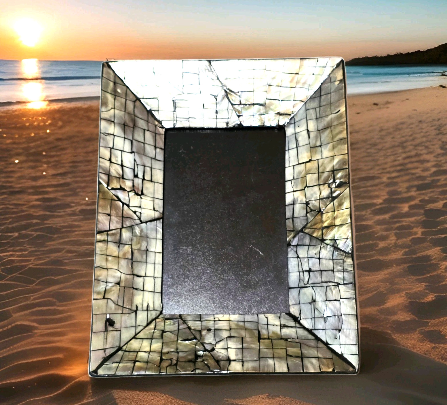 Handcrafted Shimmering Shell Picture Frame Mosaic Crackle 9×7 Vietnam Vtg