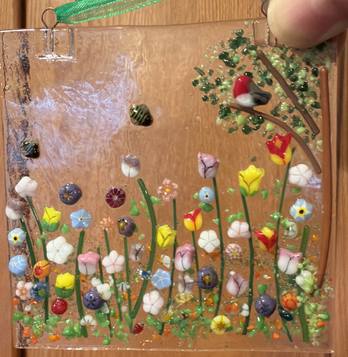 Fused Glass Handmade Square 4”x 4” Multicolor Sun Catcher Signed By Artist