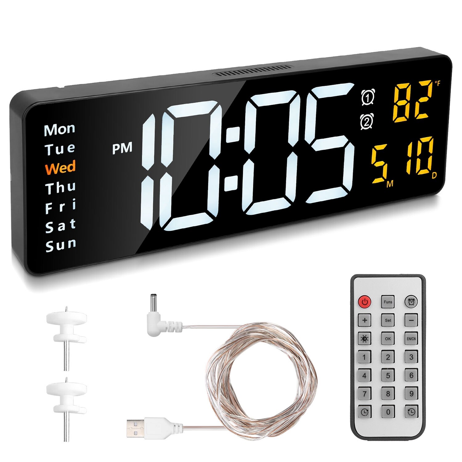 Digital Wall Clock Dual Alarm LED Digits Display Auto-Dimming 12/24Hr Time Clock