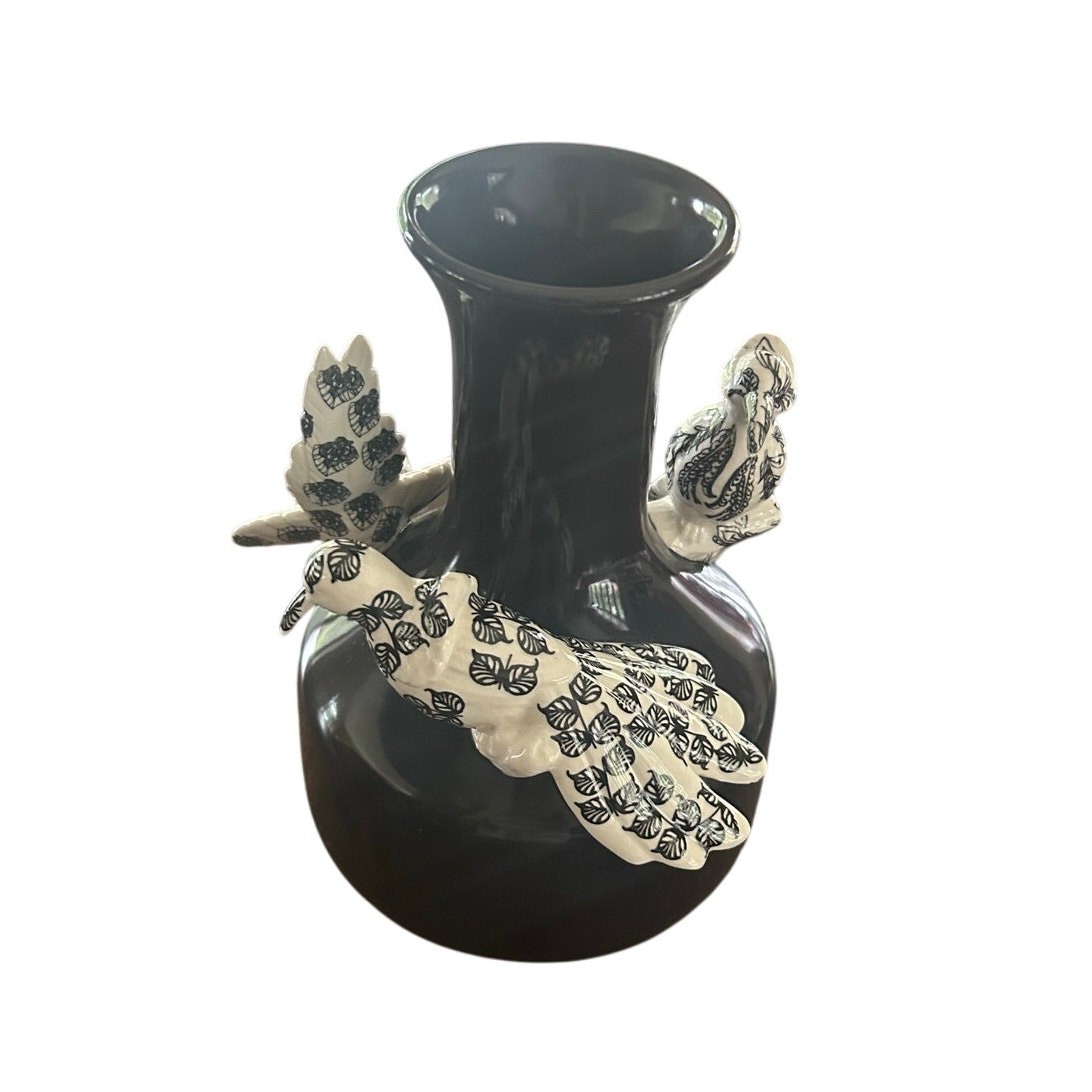 Anthropologie Black Vase Black White Color Vintage Art Birds Home Decoration