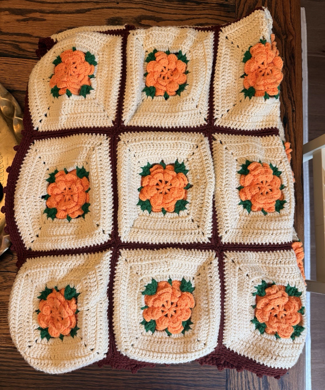 Vintage handmade crochet 3D rose granny square afghan blanket 40×55