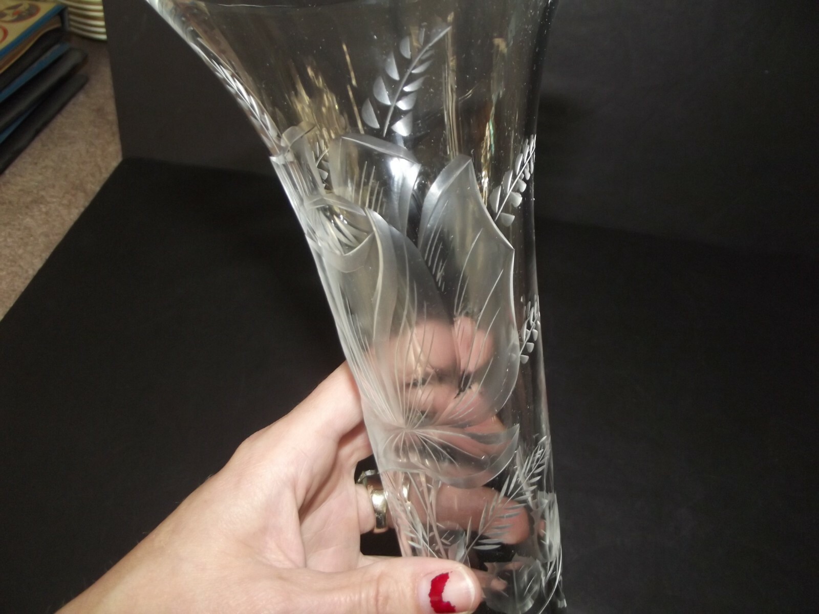 12″ footed Trumpet Flared VASE Art Glass leaded Crystal etched cut engraved Rose