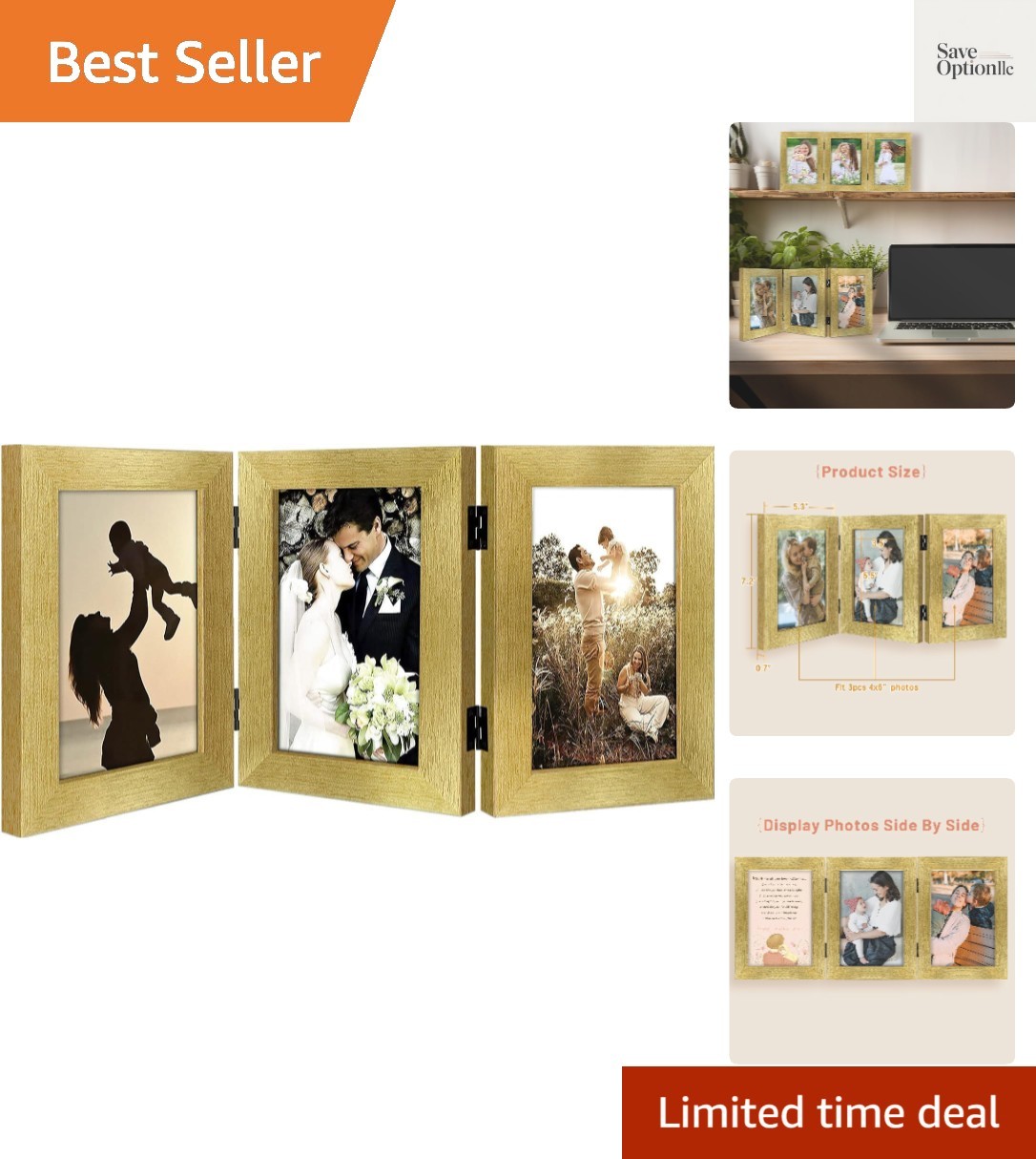 4×6 Three Picture Frame Trifold Hinged Photo Frame with 3 Openings, Desk Top …