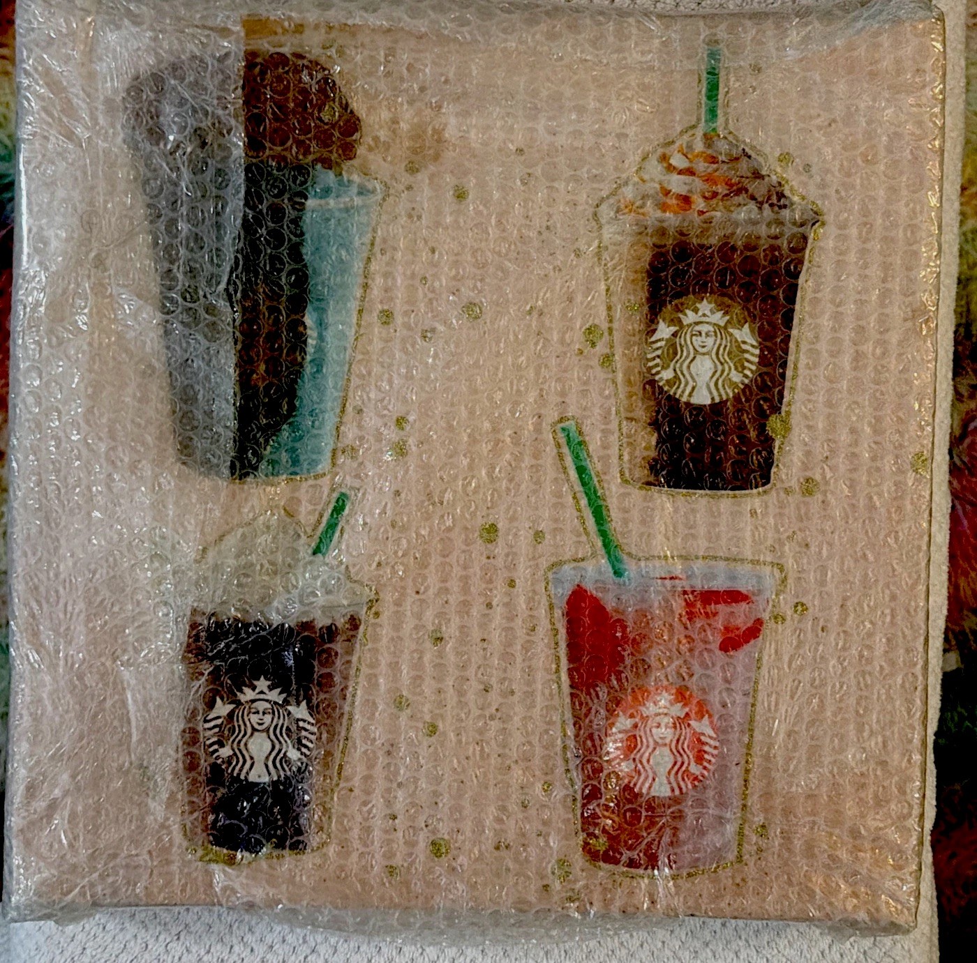 Starbucks Inspired Frappuccino Wall Art Canvas Coffee Bar Decor 14×14 Framed