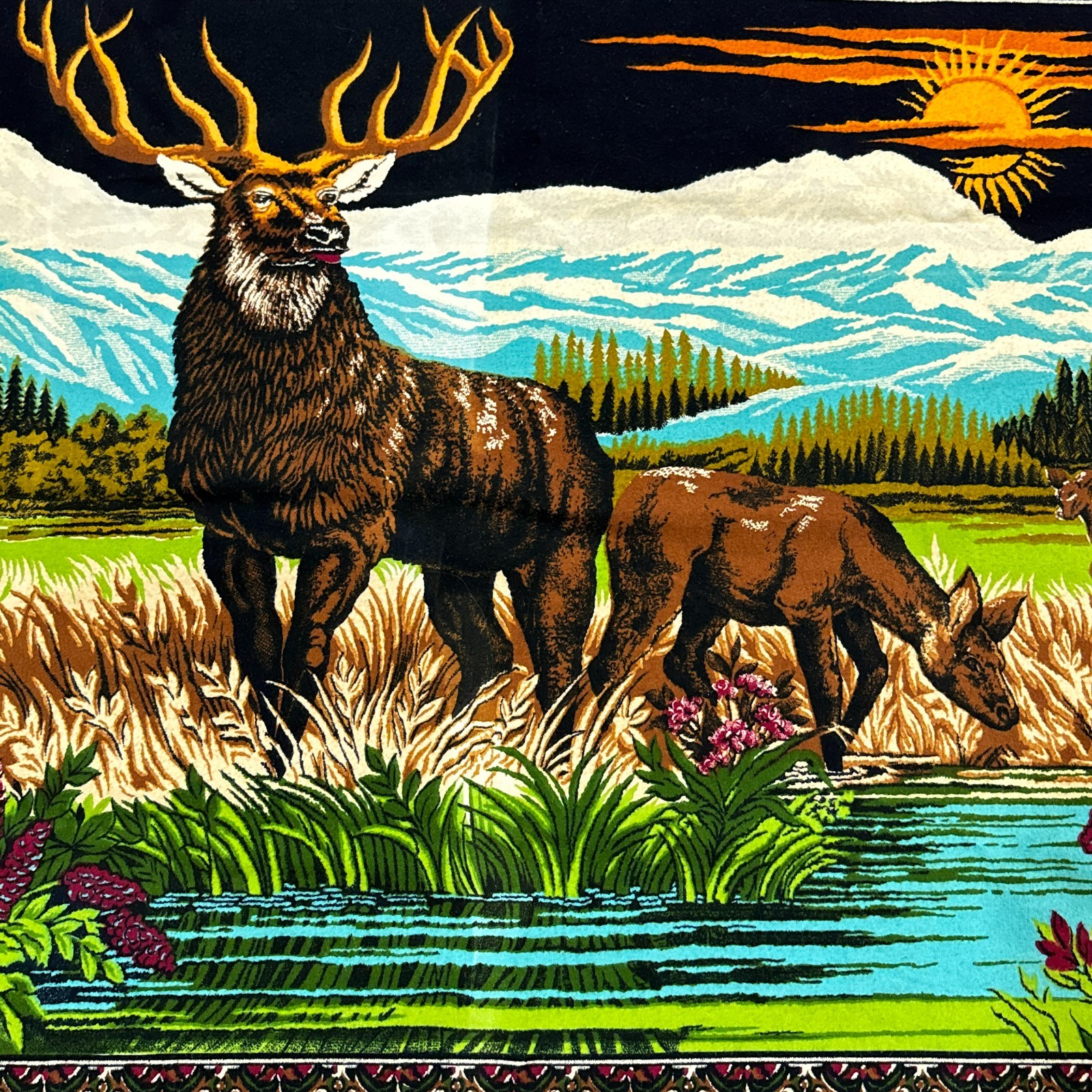 Vintage RJ Brooklyn Deer Tapestry Wall Hanging ~ Stag & Mountain Scene 53×37