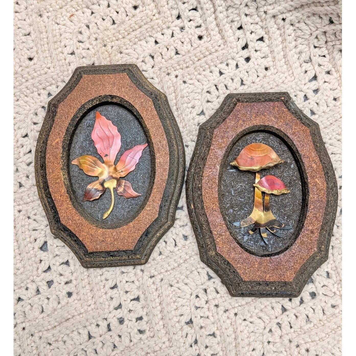 Vintage 70s Mushroom Leaf Metal Wood Wall Art Plaques Set of 2 MCM Boho Decor