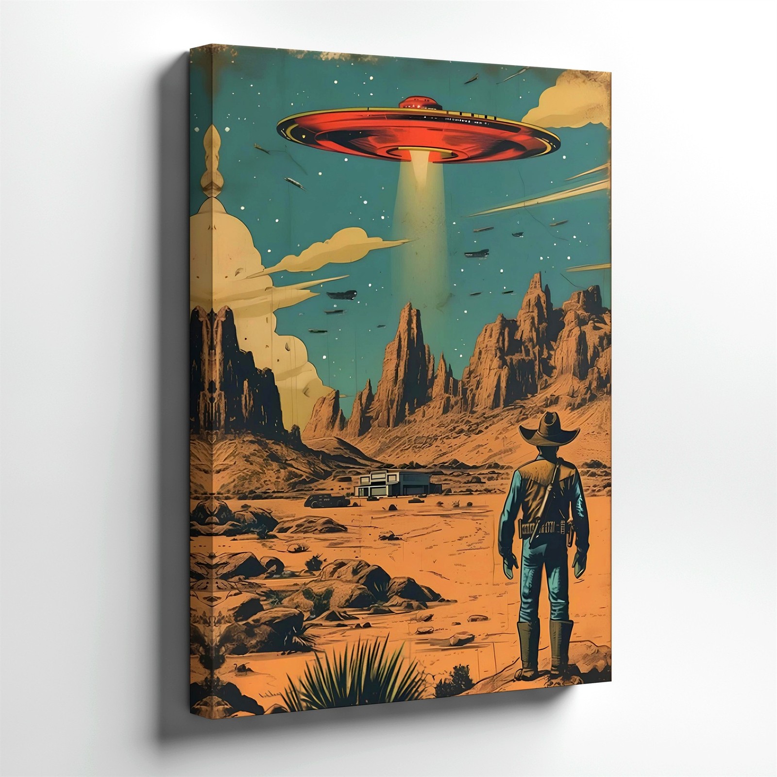 Wall Art Retro Sci Fi Desert Cowboy UFO Spaceship Poster Western Landscape Print