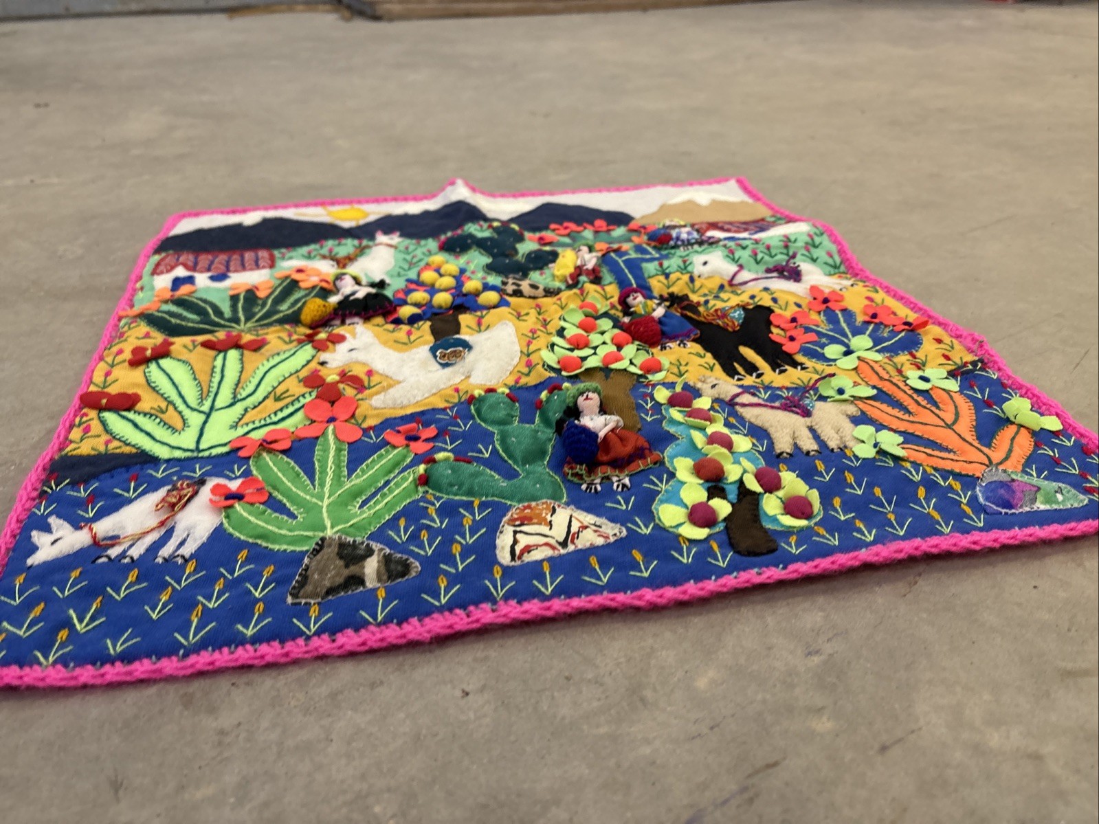 Handmade Peruvian Arpillera 3D Applique Wall Hanging 18×19 Andean Village Scene
