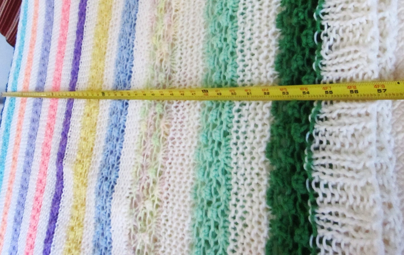 Hand Knit Pastel & White Striped Afghan/ Bed Blanket 116″ X 57″ Soft & Fluffy