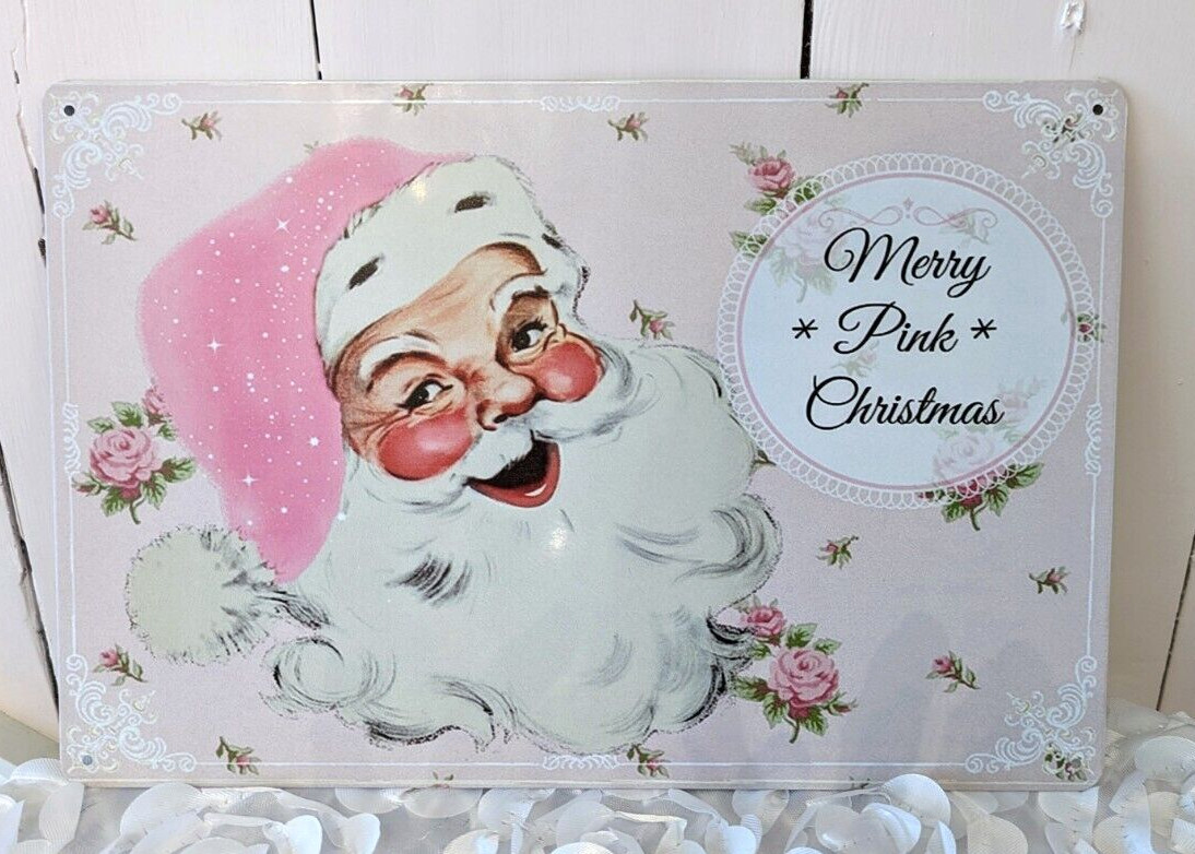 Shabby Chic Cottage Victorian Merry Pink Christmas Santa Roses Tin Sign Picture