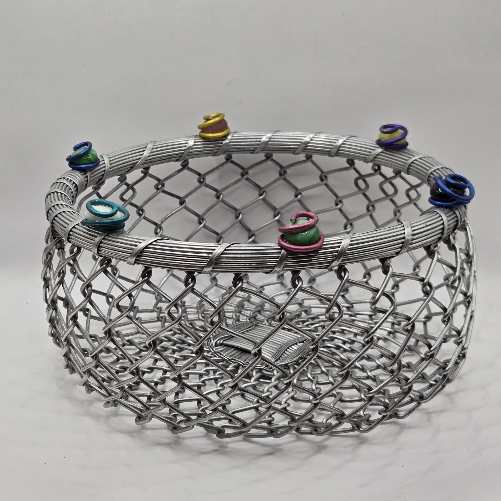 Metal Wire Basket Decorated With Colored Glass Stones Vintage Shabby Chic 8.5″ D