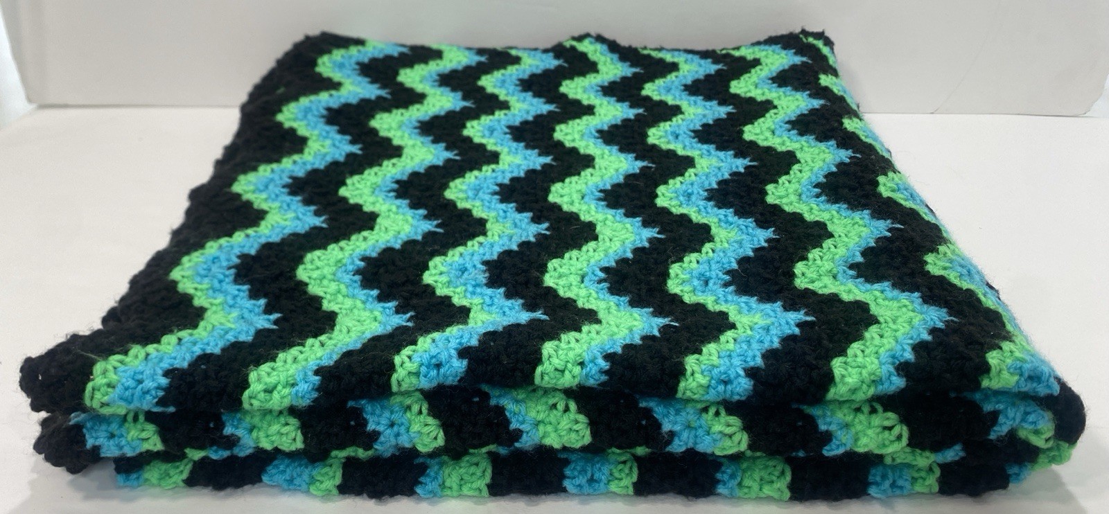 Crochet Herringbone Zig Zag Black Green Afghan Blanket 34×72” 943