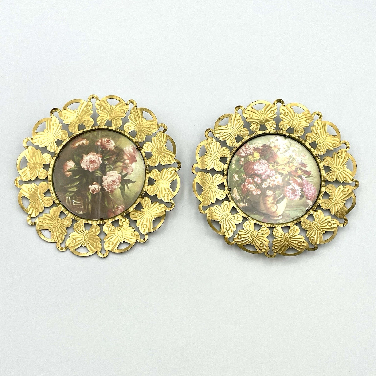 Vintage 1950s Brass Butterfly 6” Floral Wall Plaques England Made Set of 2
