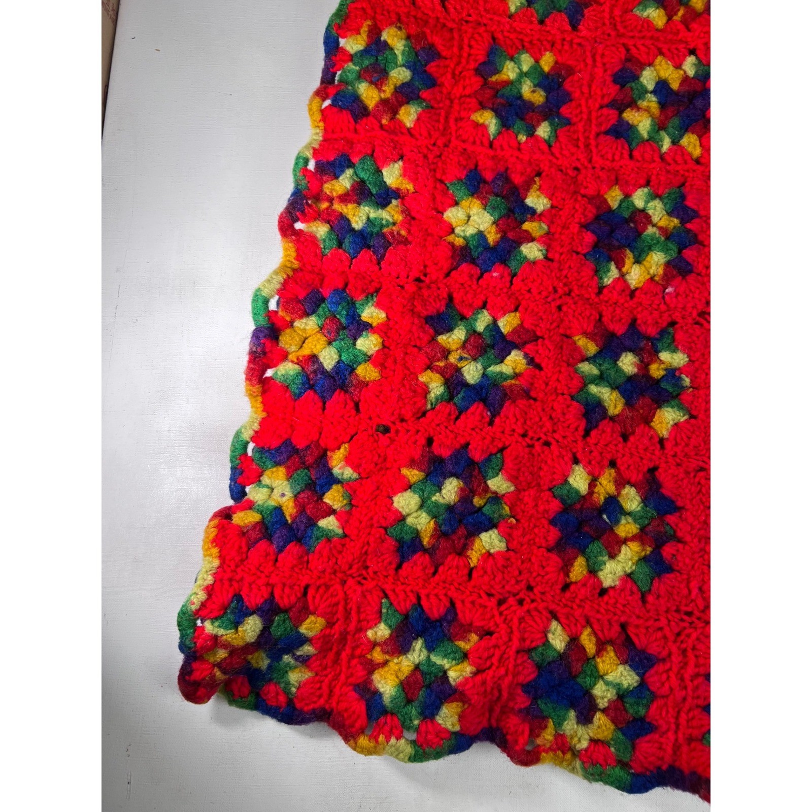 Red Crochet Granny Square Blanket Afghan Colorful Handmade Throw 66×52