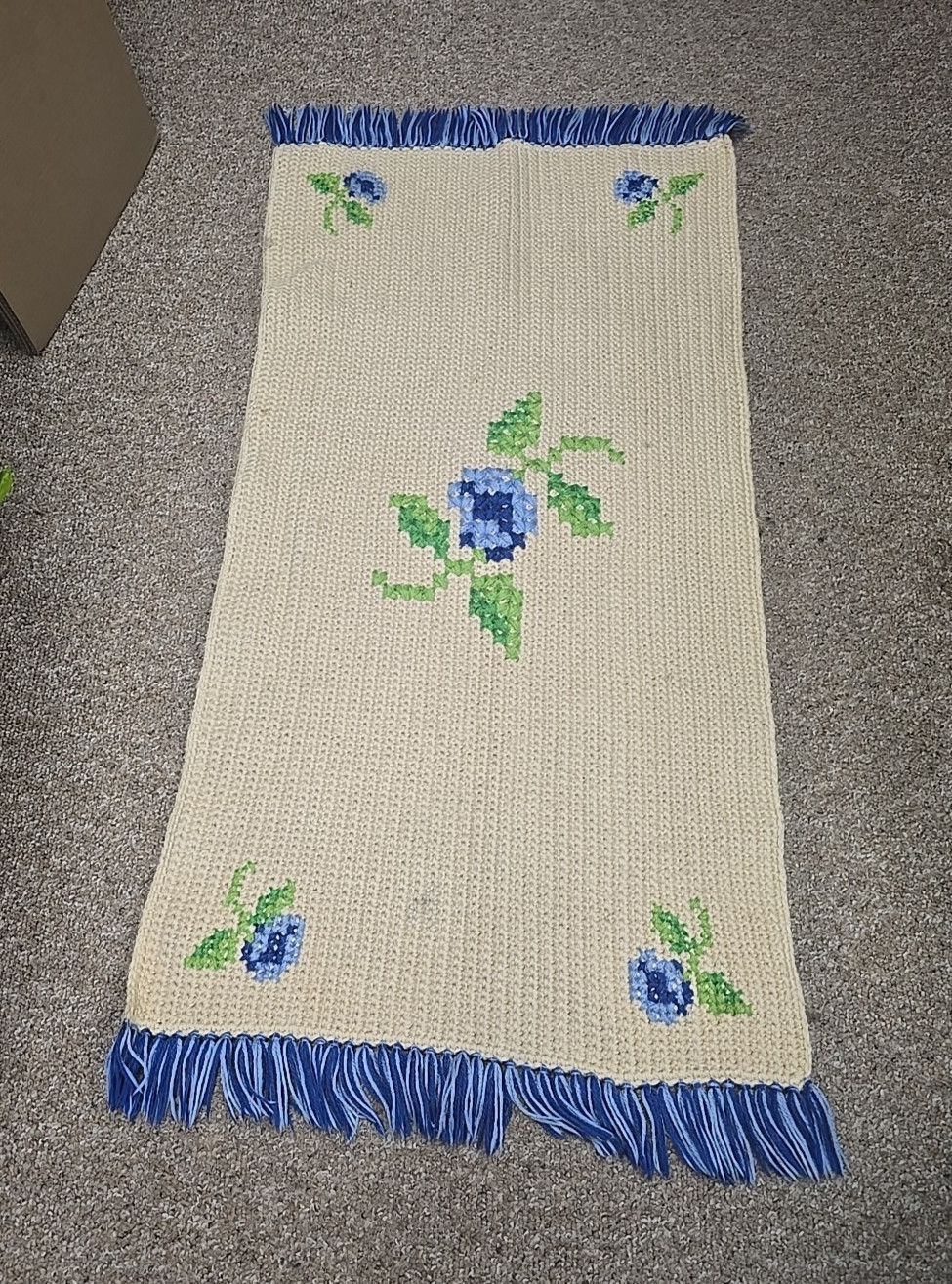 Vtg Embroidered Cross Stitch Crochet Floral Home Decor Fringe Afghan Rug Throw