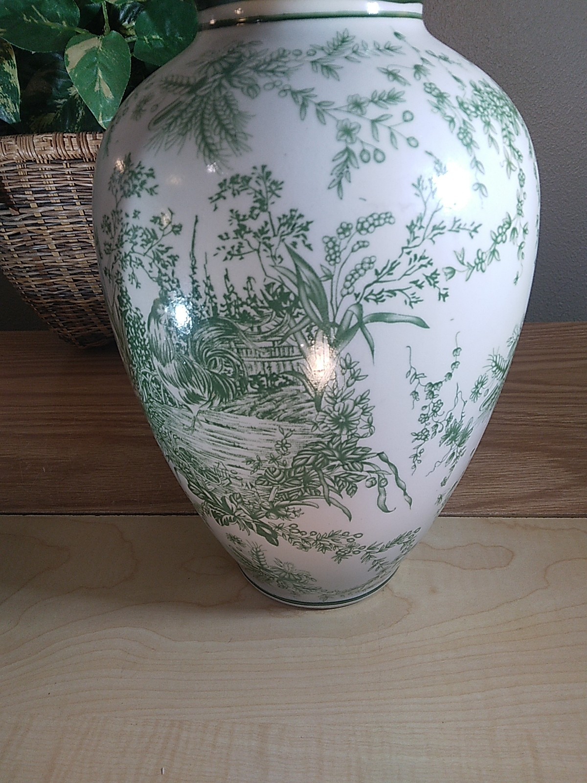 Large Porcelain White/Green Rooster-Greenery Decorative Vases Lot Of 2 Unbranded