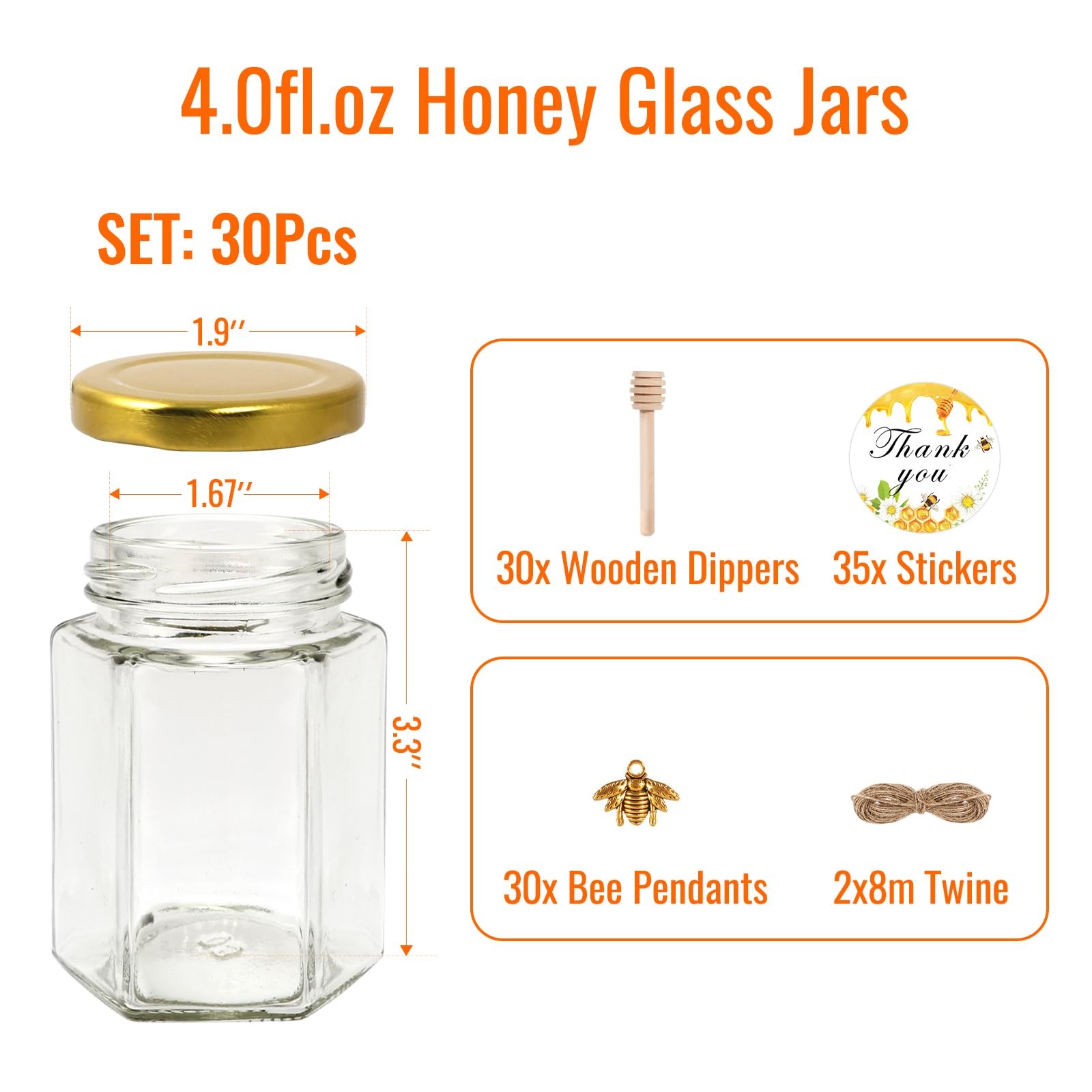BIGIVACA 4 oz Hexagon Mini Glass Honey Jars with Wood Dippers,30 4 oz-30 pack