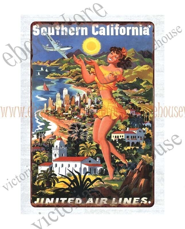 brew pub garage design 1950s travel poster Southern California metal tin sign