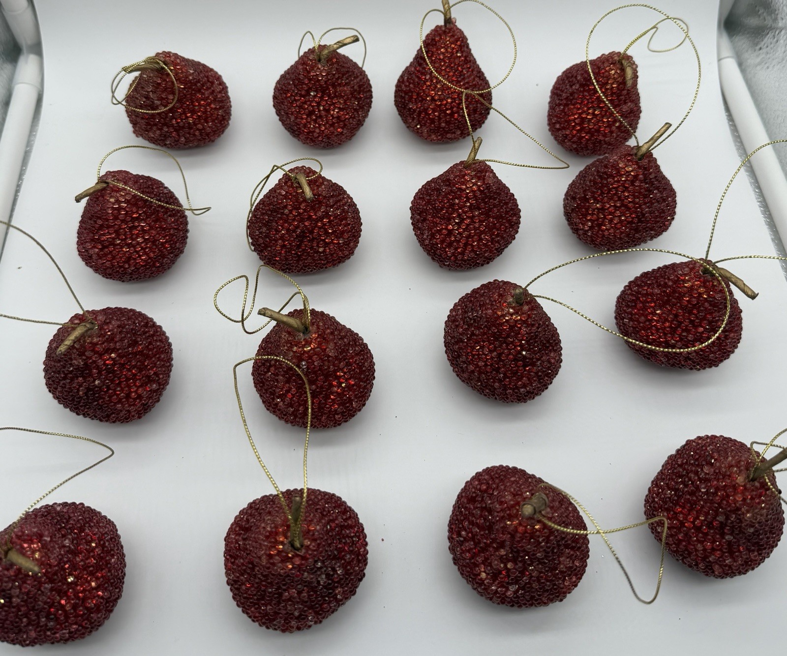 16 Vintage Red Beaded Faux Strawberries Crystal Sugared Fruit Ornaments Decor