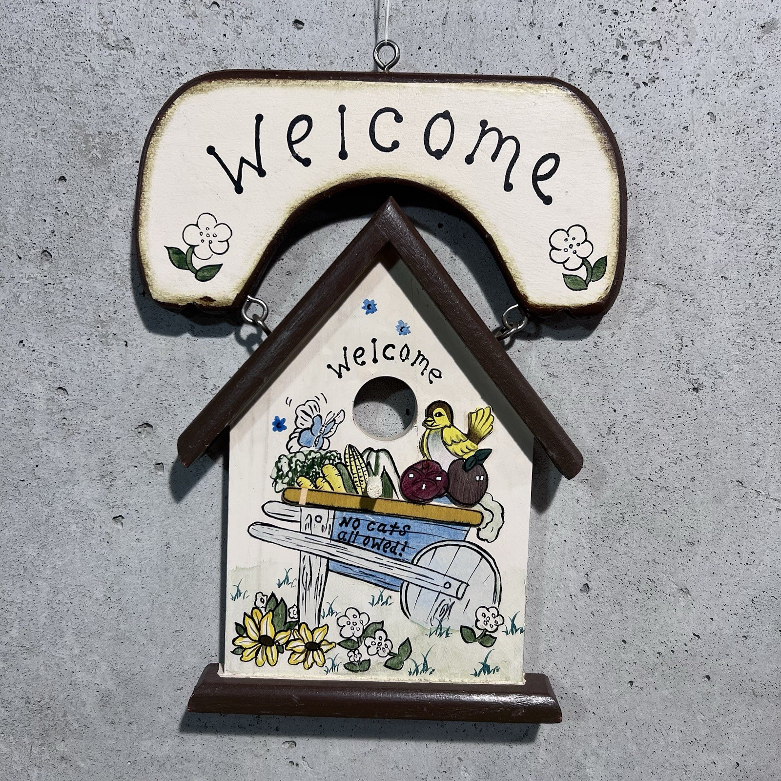 VTG Hand Painted Welcome Bird House Wall Hanging Sign Rustic Country Farmhouse