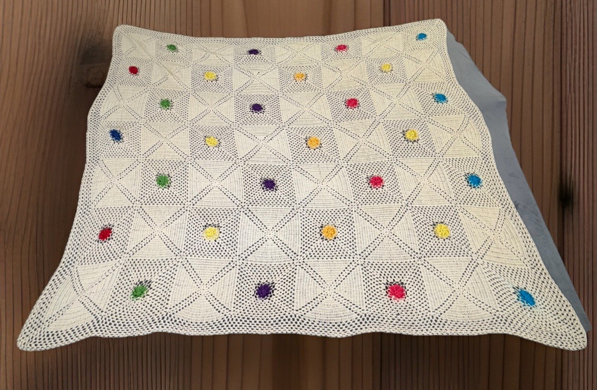 Vintage Hand Crochet Loose Knit Ivory Afghan with Multi Color Flowers 68″x71″