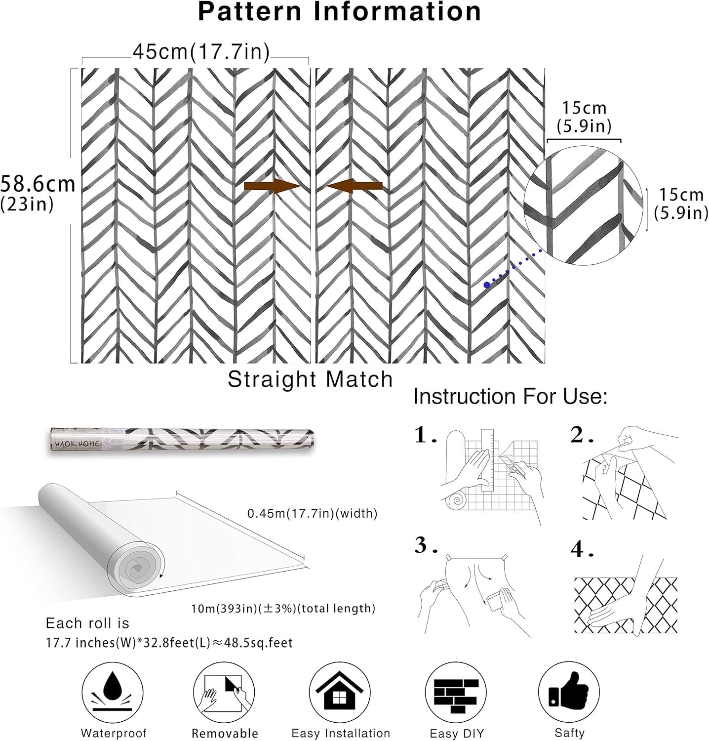 Peel Stick Accent Wallpaper Herringbone Black White Vinyl Removable Modern