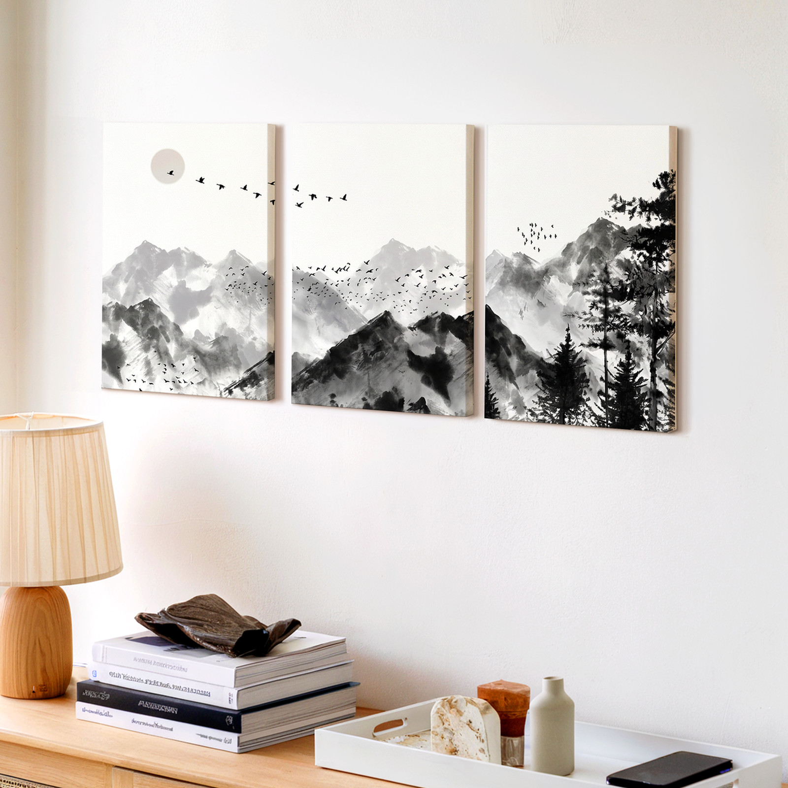 3 Pieces Monochrome Mountain Landscape Birds Sun Large Wall Art for Set Of 3
