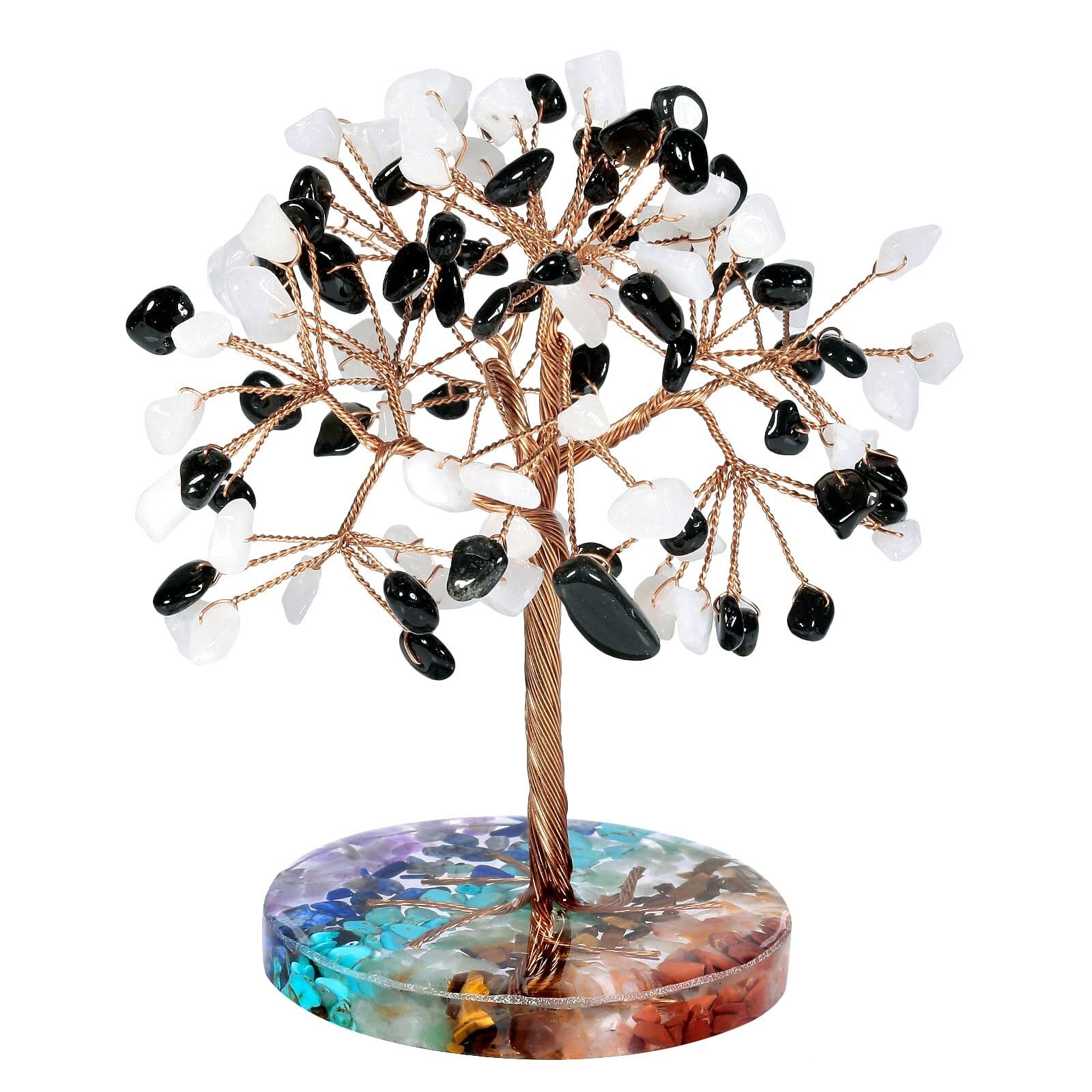 Natural White Jade & Black Obsidian Crystal Money Tree with 7 Chakra Stones R…