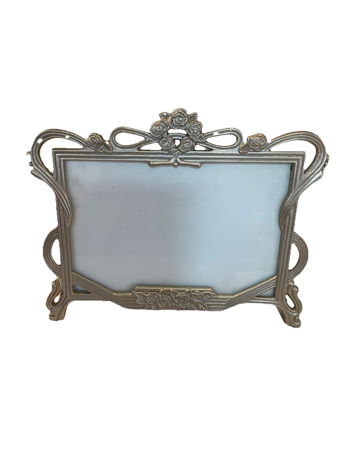 Small Frame Pewter Picture Display Floral Rose Ribbon Motif Tabletop 7×5.75”