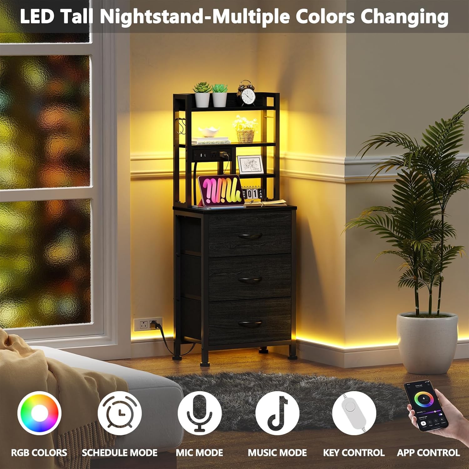 Tall Night Stand with 3 Fabric Drawers and LED Lights, Nightstand with