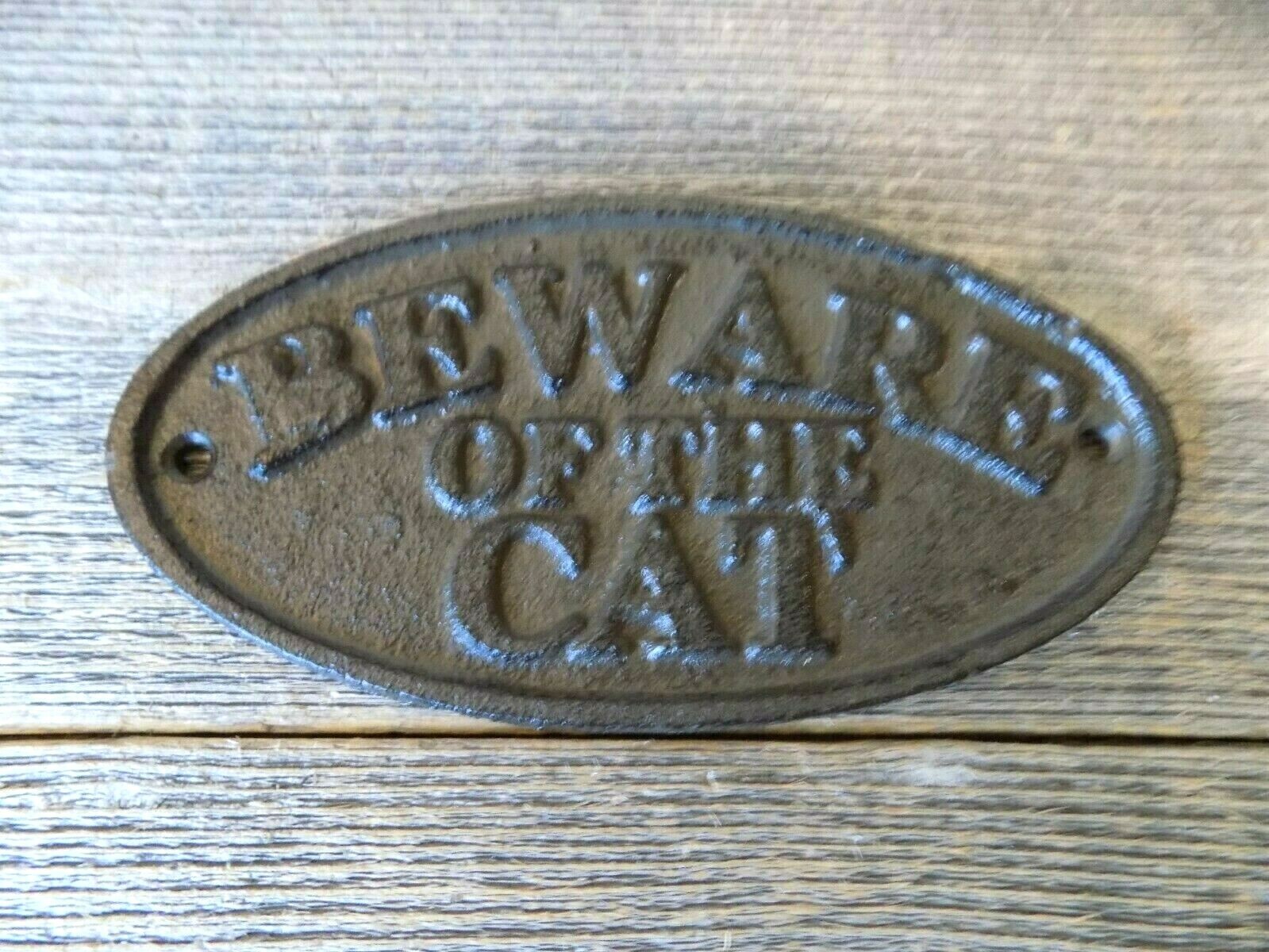 CAST IRON BEWARE OF THE CAT SIGN RUSTIC WALL DECOR FENCE KENNEL GATE PET GIFT