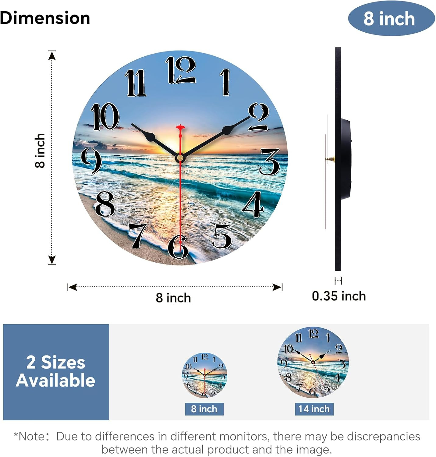 Beach Wall Clock Battery Operated 8 Inches Blue Ocean Coastal Home Decorative Be